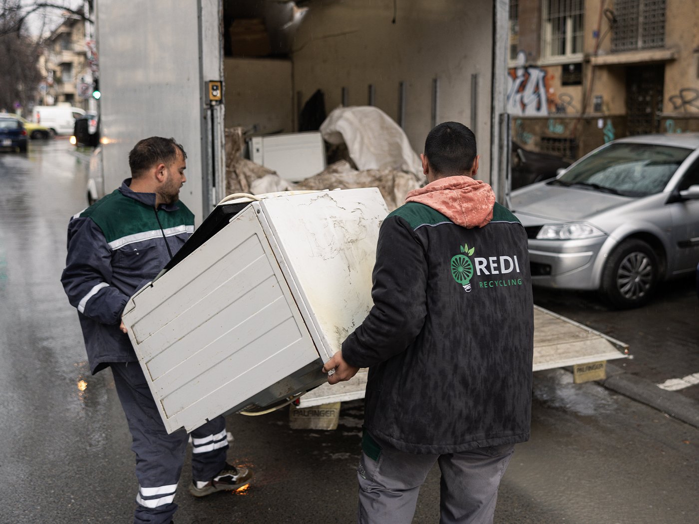 Alen Jashar and Manuel Halil, Recycling team members collect e-waste in Skopje, North Macedonia on 17 March 2025. Photo: Akos Stiller